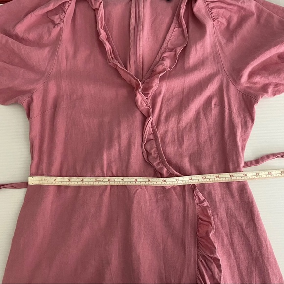 Portmans Madison Wrap Dress Pink Linen Blend Tie Waist Short Ruffle Size L 14 - Picture 10 of 11